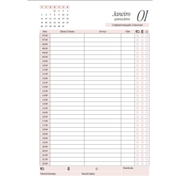 Refil / Miolo Impresso A5 para Agenda de Agendamento de Horários - 30 em 30 minutos - Datado  2026