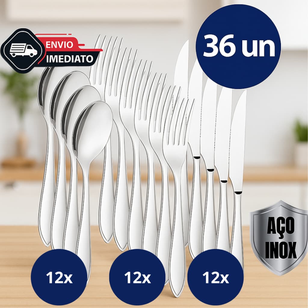 Jogo de 36 talheres Aço Inox Faca com corte Garfos de Mesa Colheres Para Cozinha e Restaurantes