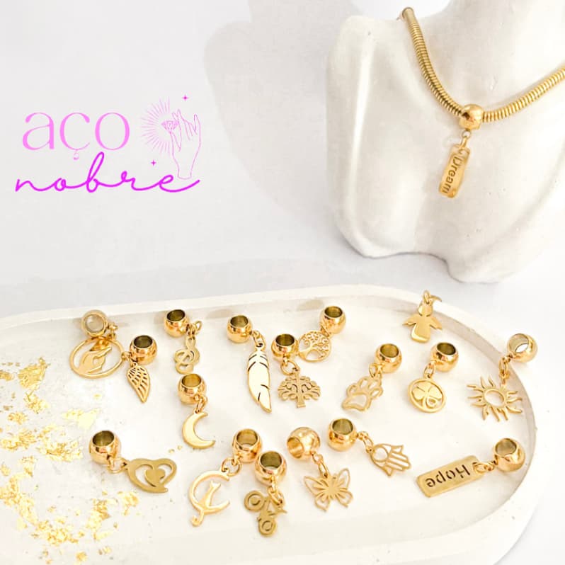 Berloques Aço Inox Douradas Pingentes Diversos Coração Animais Bike Arvoré Da Vida Trevo Da Sorte