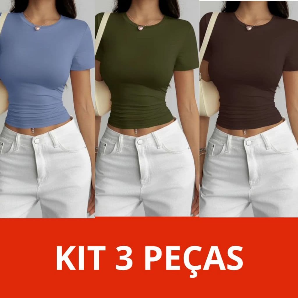 Kit 3 Blusas Feminina Baby Tee Moda Gringa Academia Dia a Dia Manga Curta Básica
