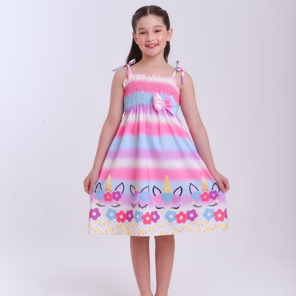 Vestido infantil estampa tema do Unicórnio modelo ciganinha