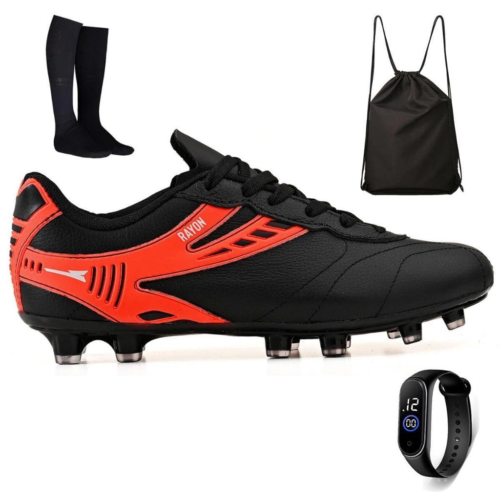 Kit Chuteira Futebol Profissional Masculina de Couro Campo Grama Natural + Meião + Bag + Relógio