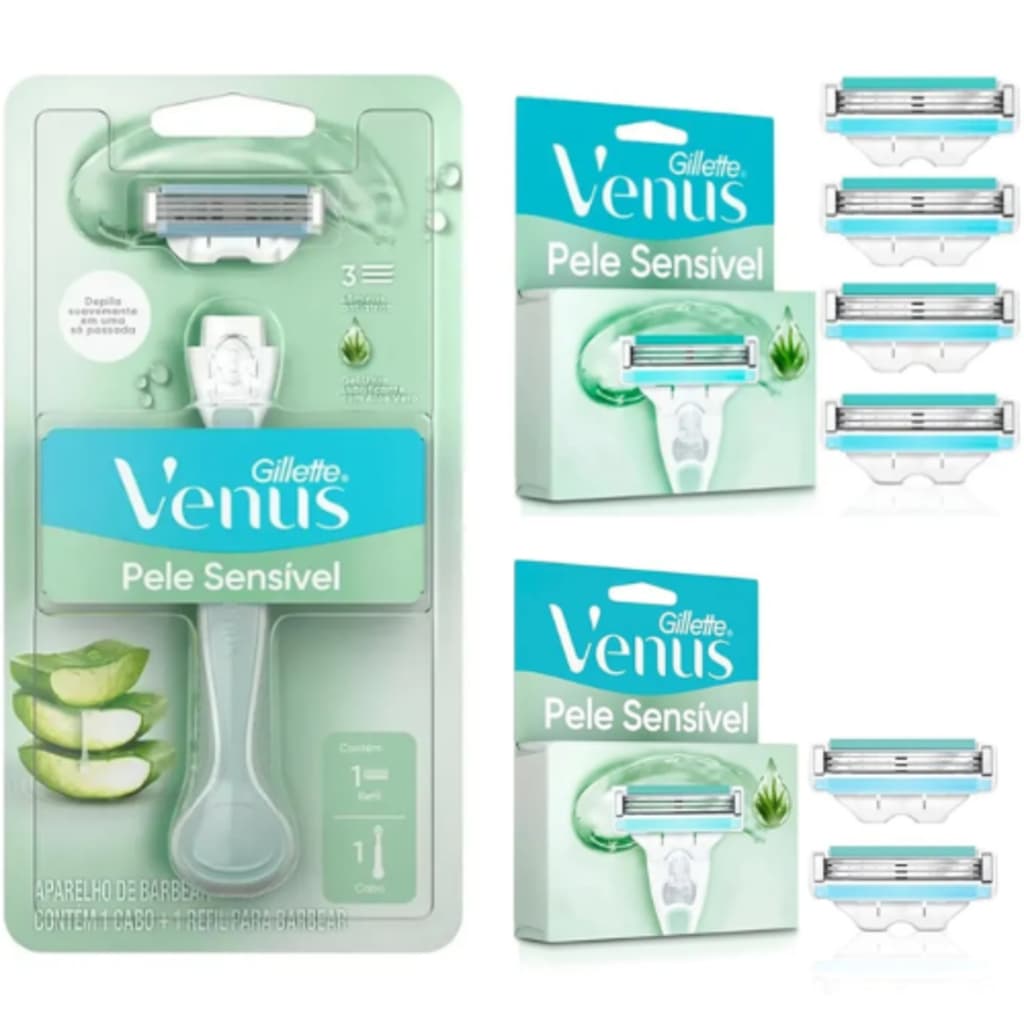 Kit Aparelho Gillette Venus Depilação Pele Sensível Aloe Vera + Carga Refil Com 2 ou 4 Unidades