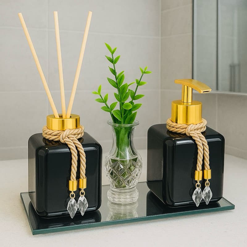 Kit Lavabo Banheiro Pet Preto Com Vasinho de For e Bandeja