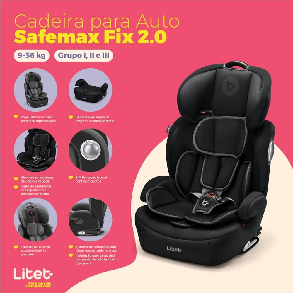 Cadeira Infantil Para Carro Isofix 9-36Kg Safemax Fix 2.0 Cinza Litet