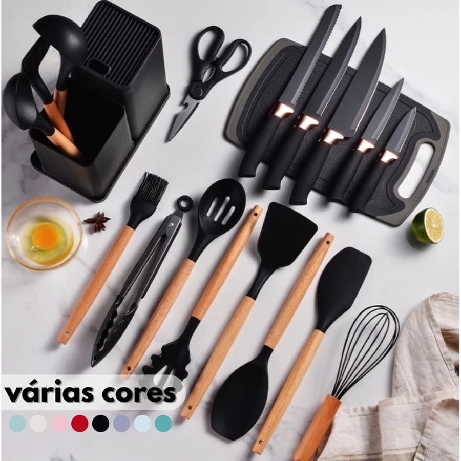 Kit Conjunto 19 Pçs De Utensílios Facas Silicone Cozinha Jogo Completo Batedeira Colher Pegador