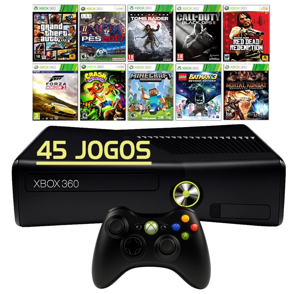 Microsoft Xbox 360 Slim Preto + 45 Jogos + 1 Controle + Gta5 + Fifa 19 + Gears Of War + Minecraft