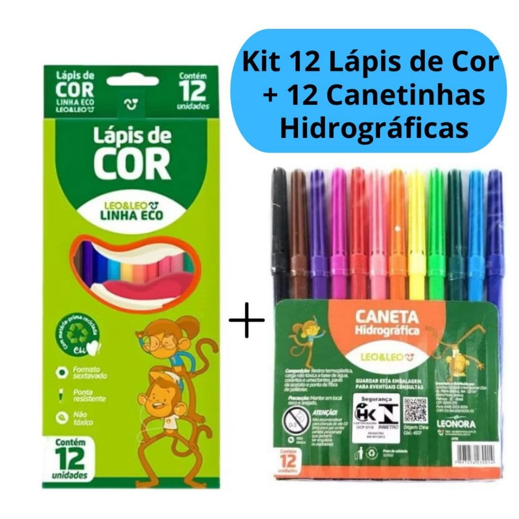 Kit lápis de Cor 12 Cores + Canetinha Hidrográfica 12 Cores Coloridas Escolar Leo&Leo