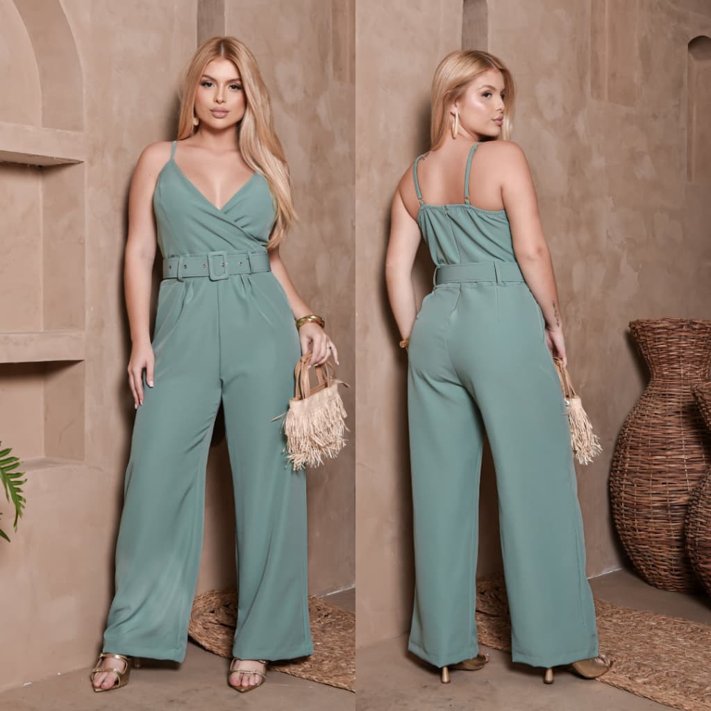 Macacão Alfaiataria Longo Feminino Pantalona com Cinto e Bolso | Alcinha Decote V Social Festa Moda Blogueira