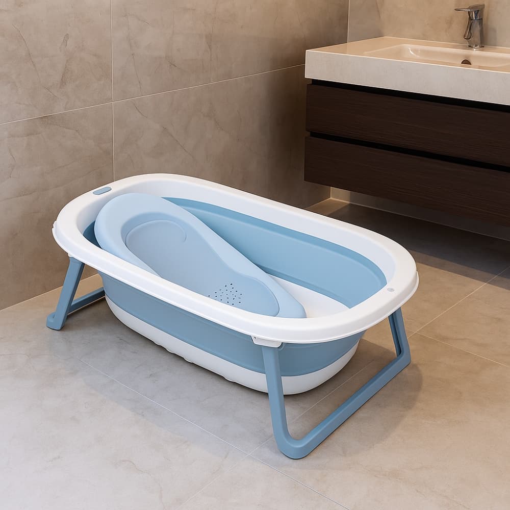 Banheira Dobrável Portátil Azul Para Bebê Com Assento Deend