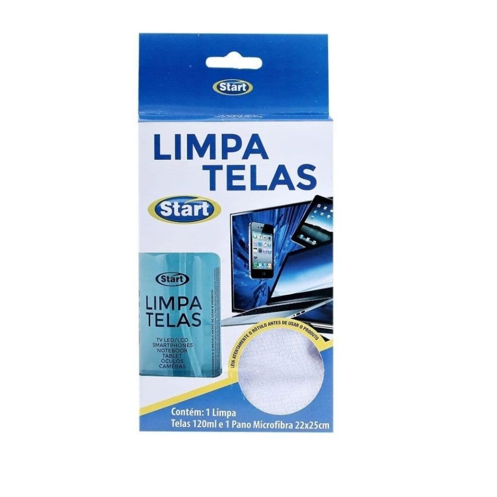 Limpa Telas Kit Start 120ml Pano Microfibras Removedor Sujeira Tela de Celular Notebook e Câmeras