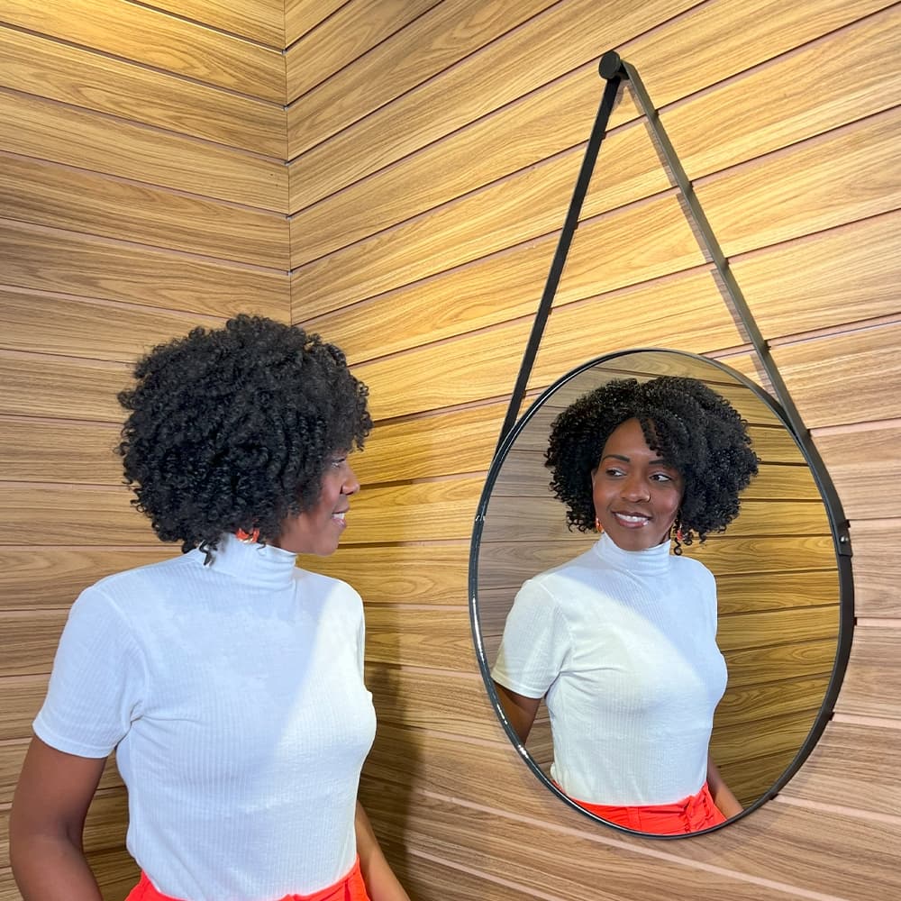 Espelho Redondo Adnet 40 cm Sala / Quarto / Banheiro / Com Alça Couro Suporte