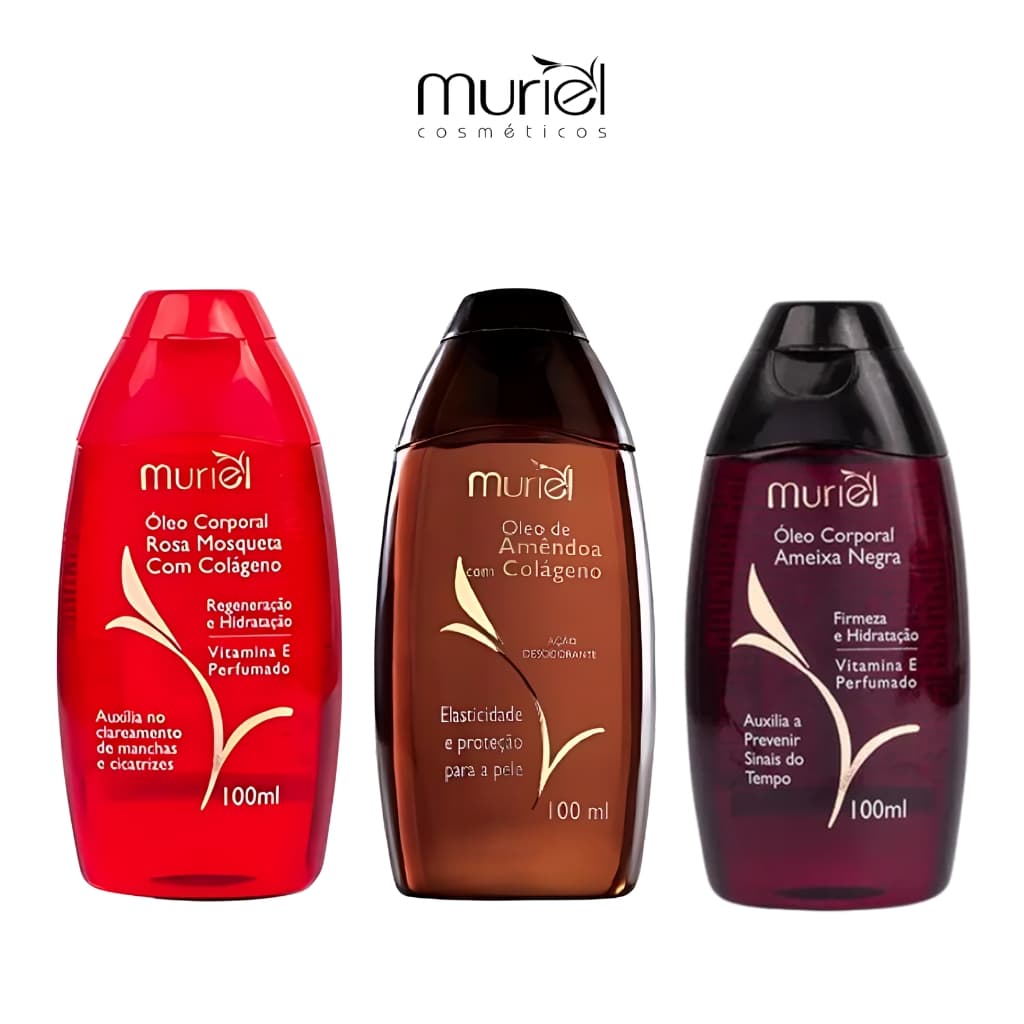 Kit Muriel  c/ 3 óleos Ameixa Negra, Rosa mosqueta e Amêndoas com Colágeno
