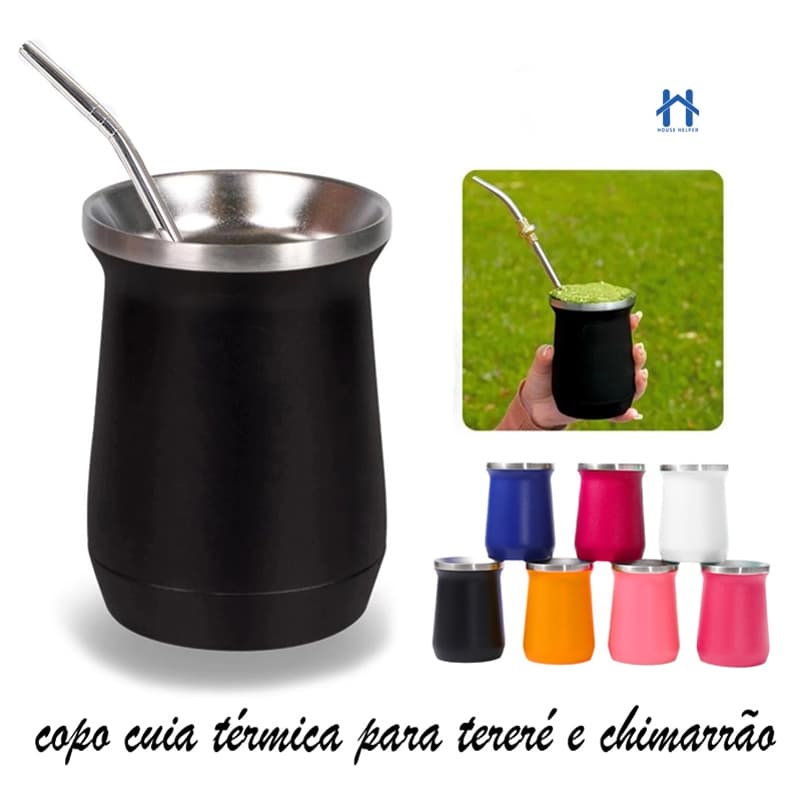 Copo Cuia Térmico para Tereré e Chimarrão com Bomba 260 ml Aço Inox Parede Dupla Sem Tampa