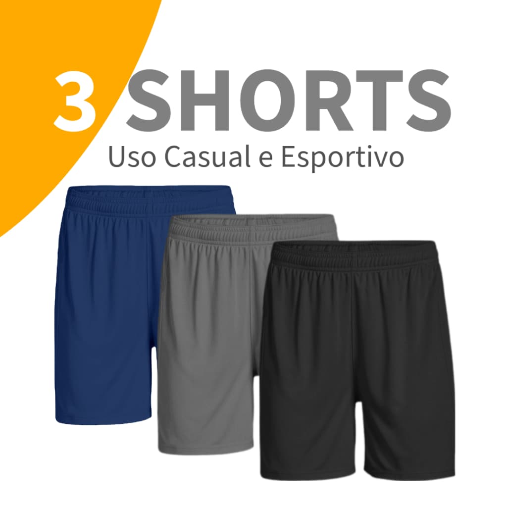 Shorts Masculinos Kit 3 Unidades Modelo Liso Com Cordão Para Futebol Academia Treino e Casual