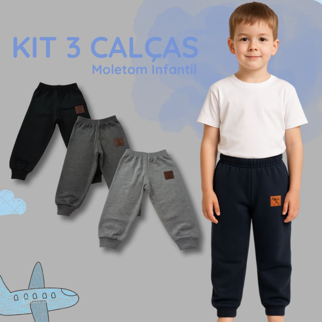 kit 3 calça moletom infantil peluciado com detalhe em courinho inverno meninos confortável quentinha