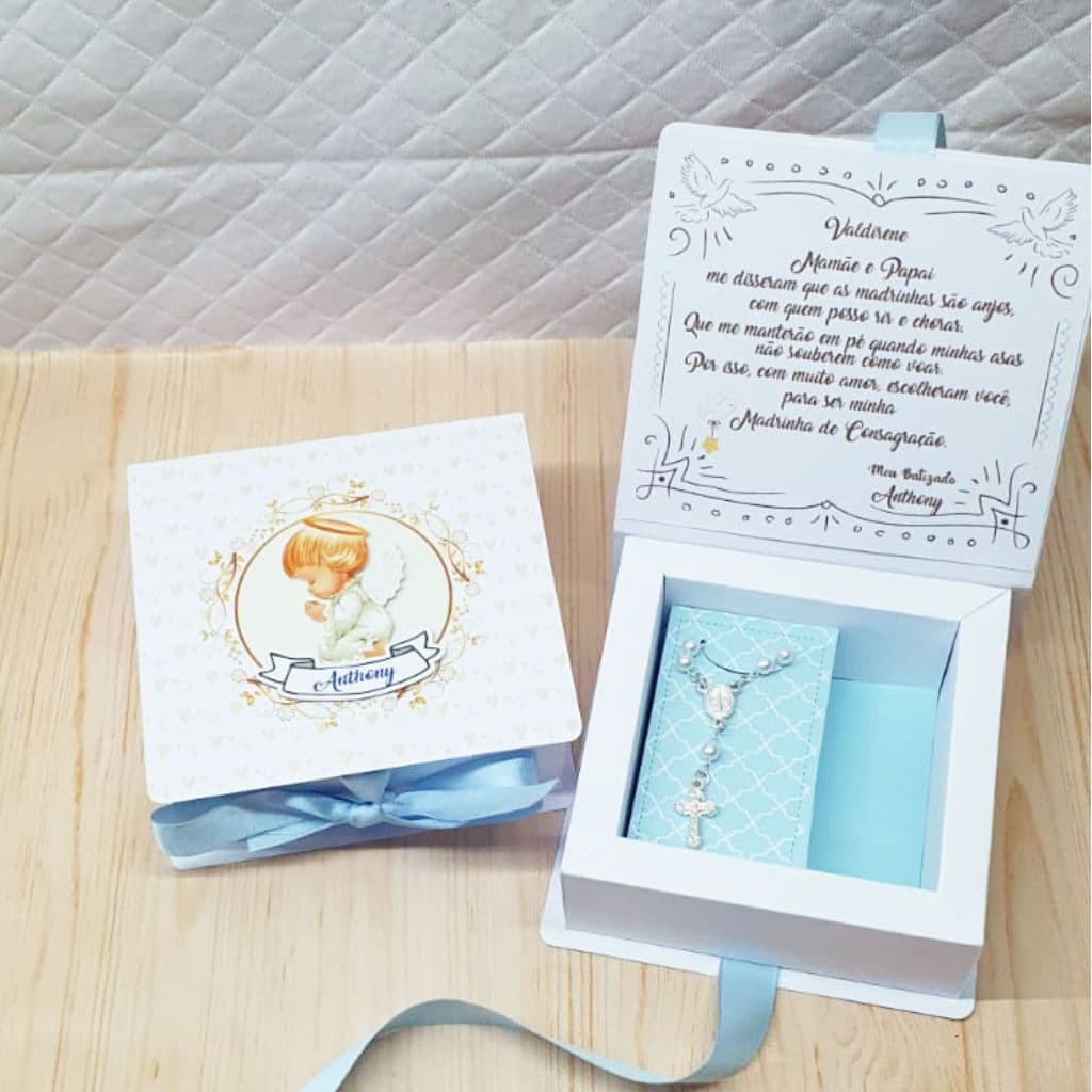 Kit 2 Convites Padrinhos Batismo Personalizado com mini Terço, caixa para madrinha, padrinho, batizado, crisma, outros