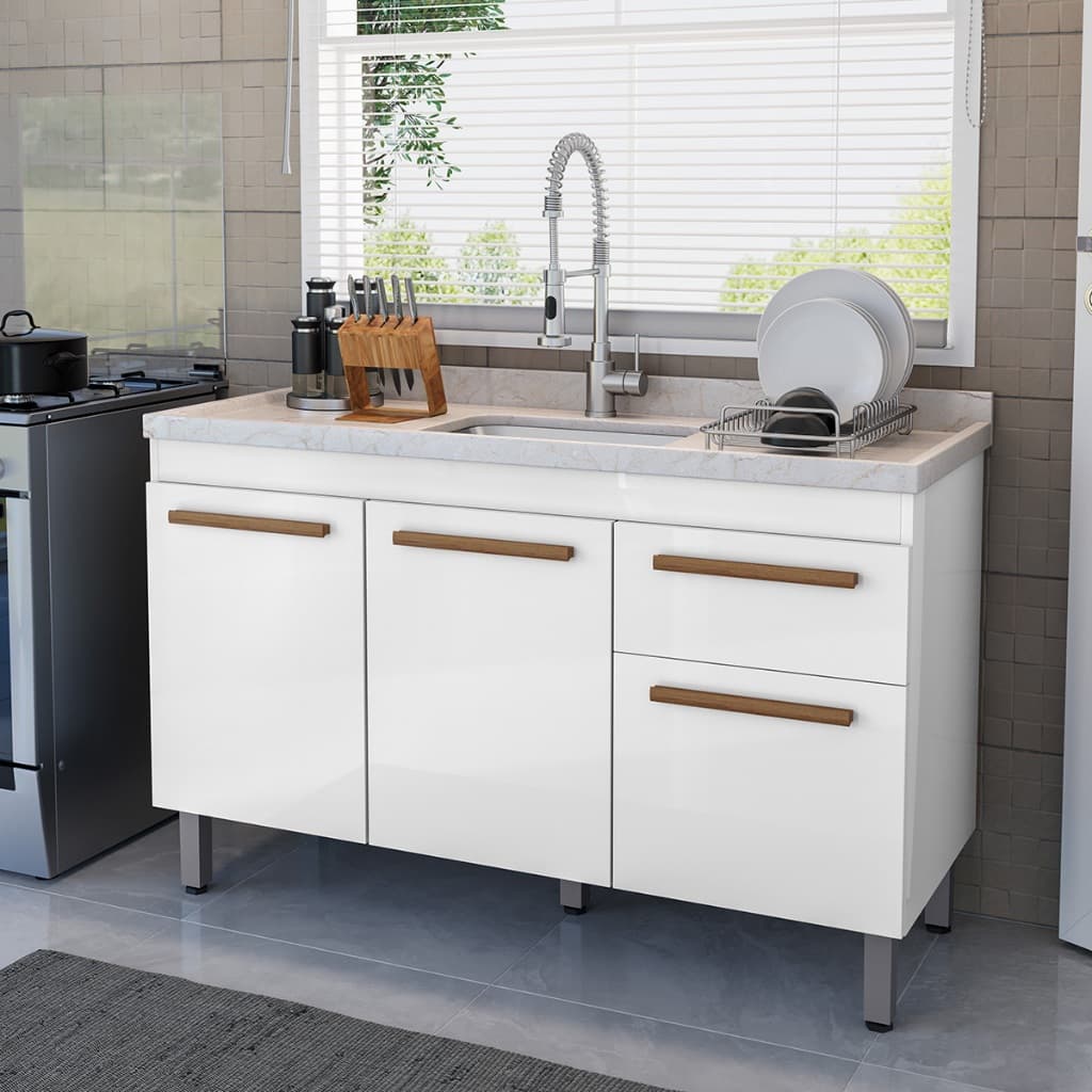 Armário Gabinete Balcão Para Pia De 120cm Sem Tampo Olivia 5 Pés Em Pvc 1 Gaveta 3 Portas