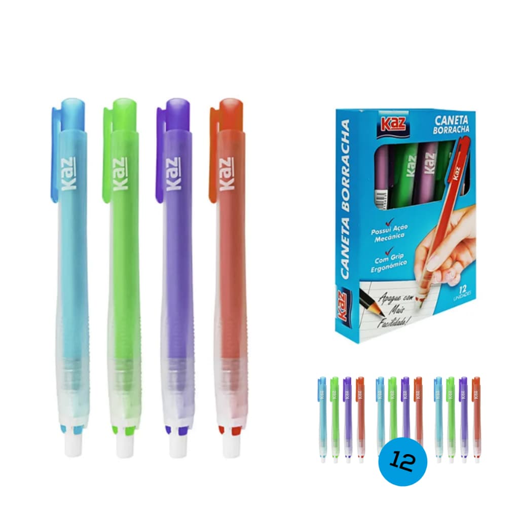 Caneta Borracha Apaga Lápis CX 12 Unidades Cores KAZ