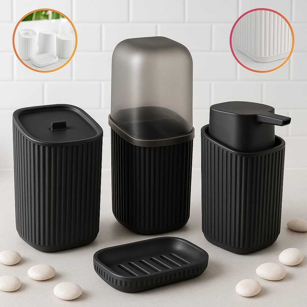 Kit 4 Acessórios Banheiro Porta Sabonete Líquido Porta Algodão Porta Escovas E  Saboneteira  Decoração Elegante