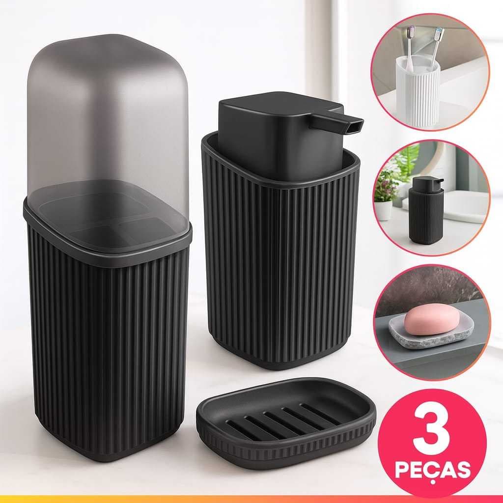 Kit 3 Pecas Banheiro Com Porta Sabonete Liquido 400 Ml Porta Escovas E Saboneteira Com Escorredor Moderno Elegante