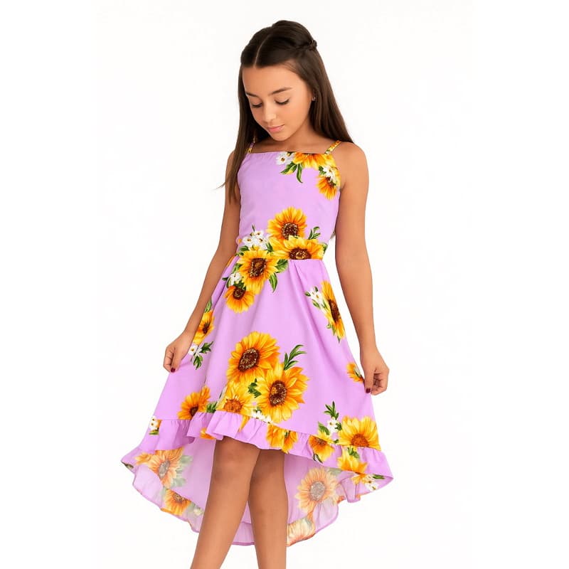 Vestido de Menina Estampado Girassol Mullet Sereia Festa Casual Verão Black Friday