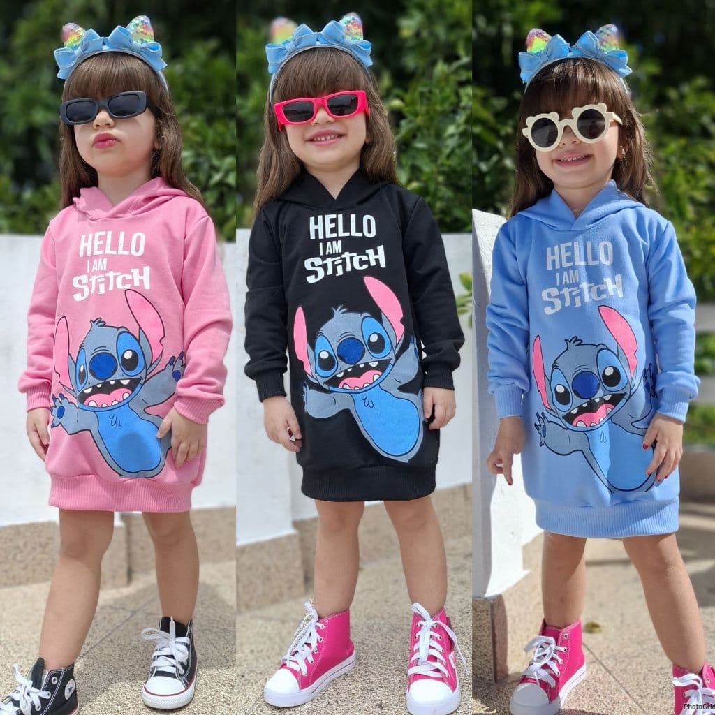 Roupa infantil menina vestido do stitch com capuz menina estilosa blogueirinha short e casaco