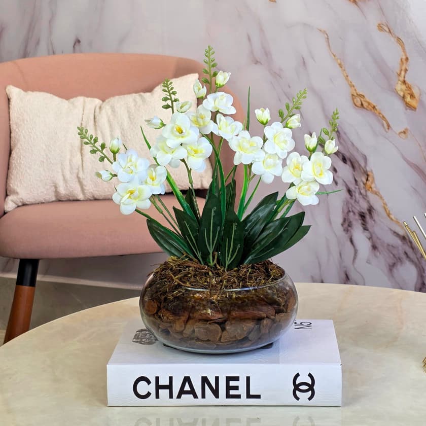 Arranjo Flores Artificiais Vaso de Vidro Decoração Orquídeas