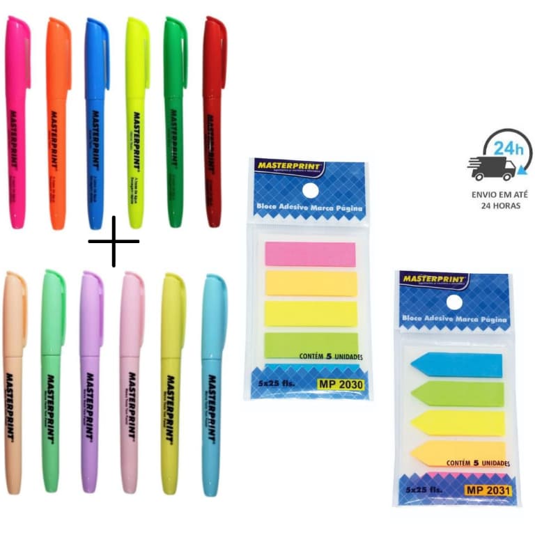 Kit 12 Marca Texto (6 Neon + 6 Pastel) + 2 Bloco Adesivo Seta e Reto MASTERPRINT
