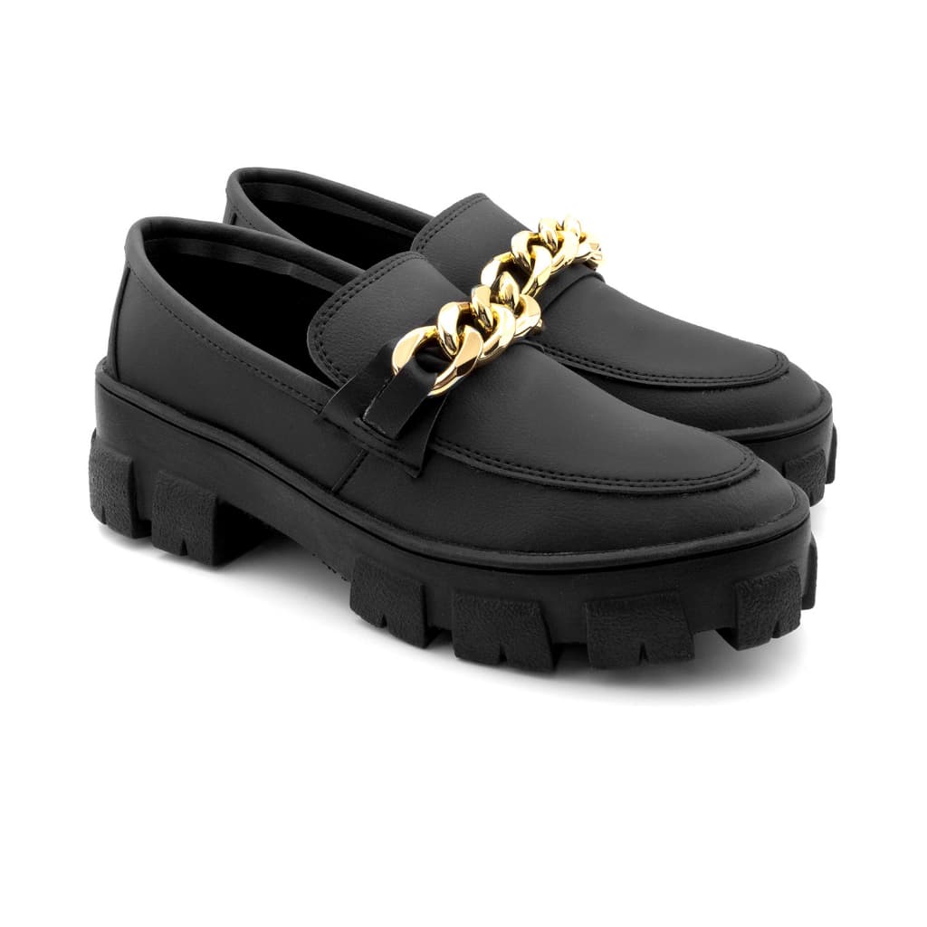 Mocassim Feminino Oxford Tratorado Corrente Dourado. Super Confortável!