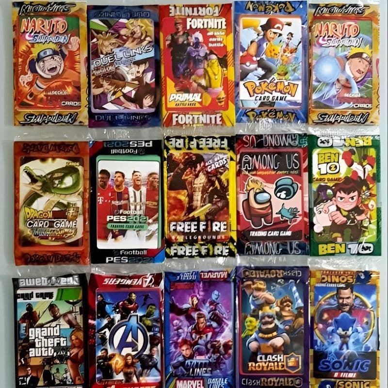 Kit 200 Cards Misturados - Naruto, Dragon Ball, Homem Aranha, Pokemon, Fifa 25, Sonic, Vingadores, Free Fire