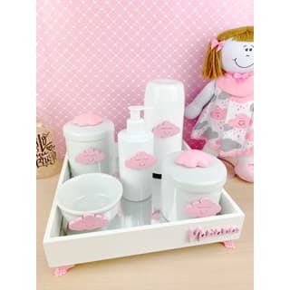 Kit Higiene Bebê Porcelana Temas Rosa Nome Personalizado Garrafa Branca