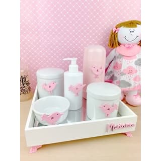 Kit Higiene Bebê Porcelana Diversos Temas Rosa Nome Personalizado Garrafa Rosa