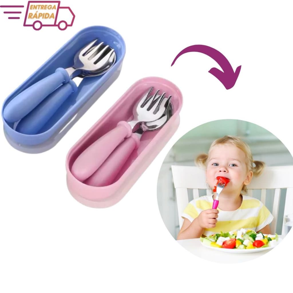 Kit Talheres Colher Garfo Infantil Aço Inox Com Estojo Bebe CLINK