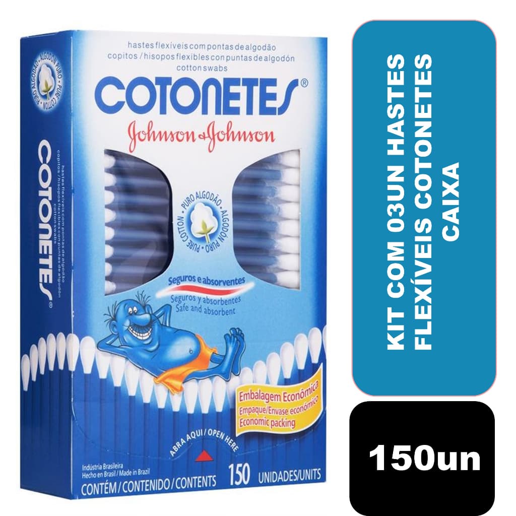 Kit com 03 Unidades Hastes Flexíveis Cotonetes Caixa 150 Unidades