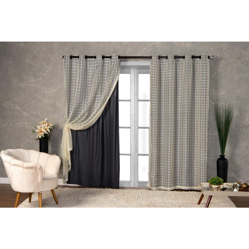 Cortina Blackout prata Vários Tamanhos com Voil Xadrez para sala quarto porta balcão Varias cores