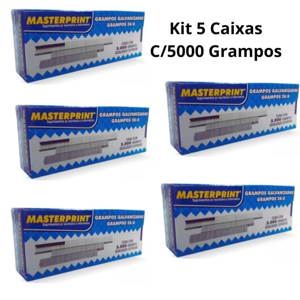 Kit 5 Caixas Grampos 26/6 Galvanizados C/5000 Unidades para Grampeador Masterprint