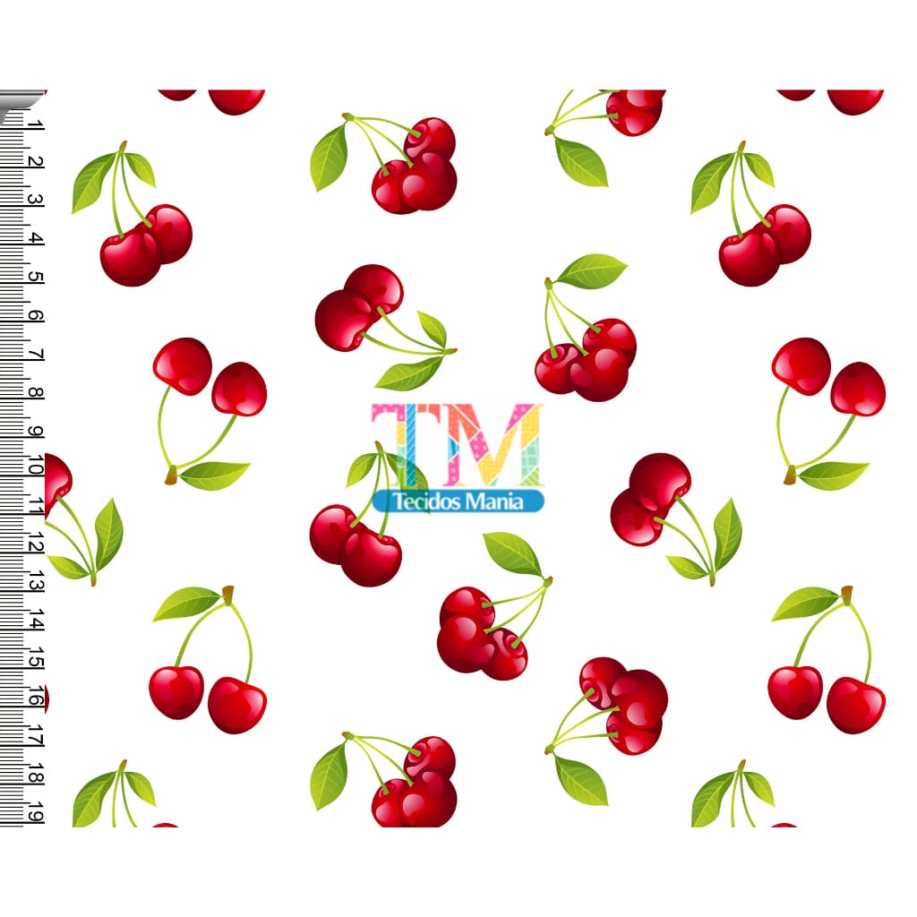 Tecido tricoline, microfibra ou gabardine estampado - Cereja - fundo branco - 0.50 cm