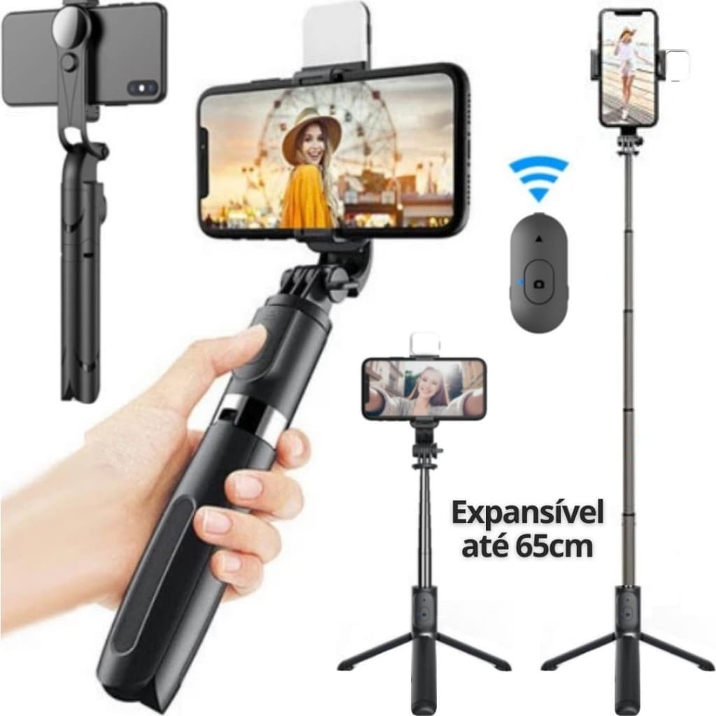 Tripe Bastão Selfie Estabilizador Celular Com Luz Led Controle Foto Video Filmagem Gravação