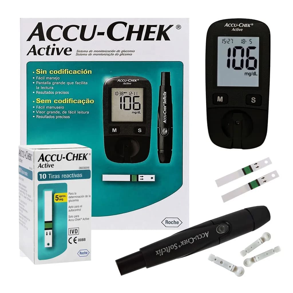 Aparelho De Glicemia Accu-Chek Active Kit 1 Monitor + 10 Tiras Active + 10 Lancetas Softclix + Estojo