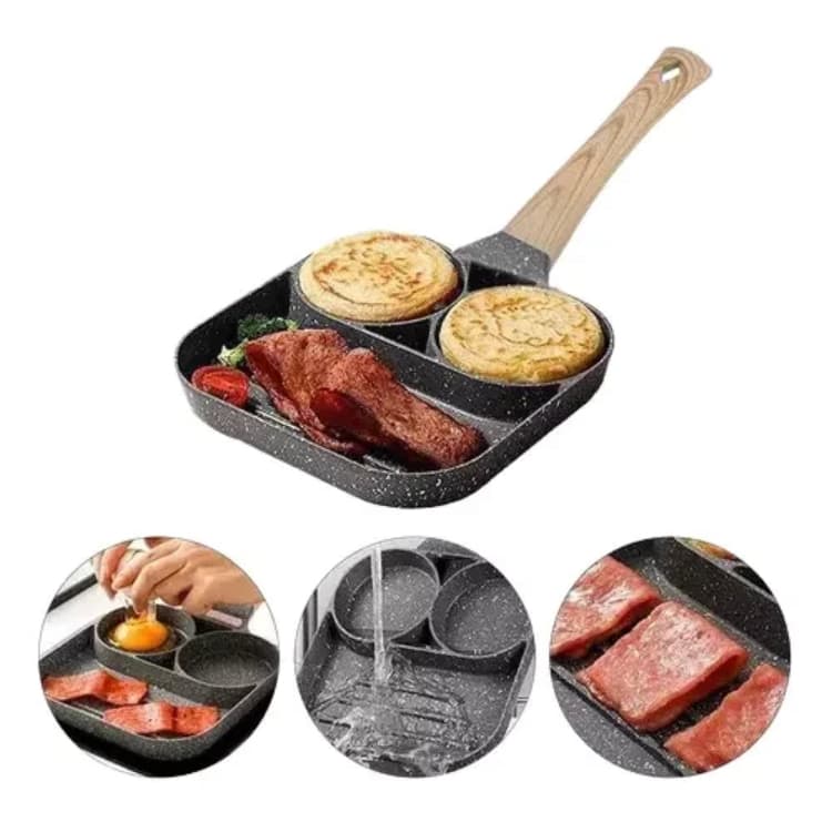 Frigideira Antiaderente Cinza 3 Furos Divisórias Fritar Ovo Carne Lanches Multiuso Pedra De MaiFan