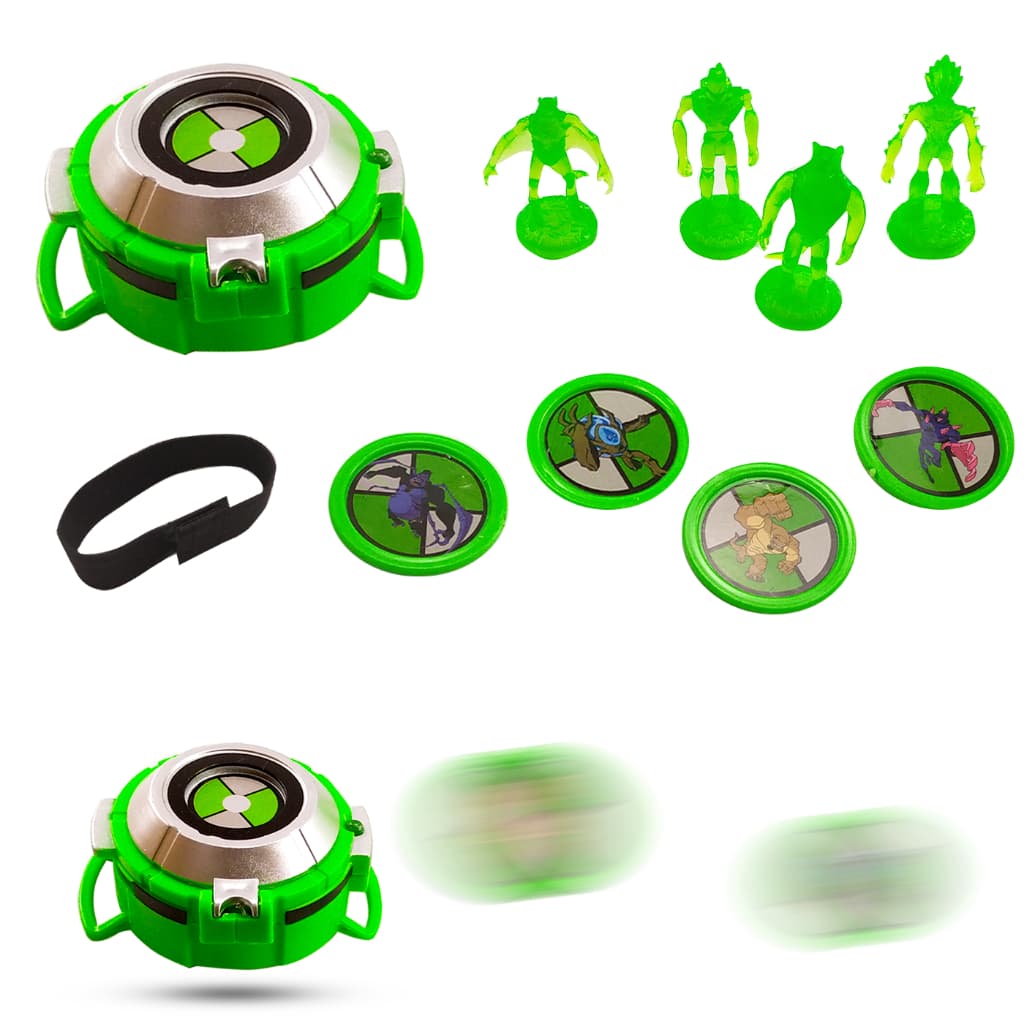 Relógio Lançador Luz Som Ben 10 4 Bonecos 4 Discos Omnitrix