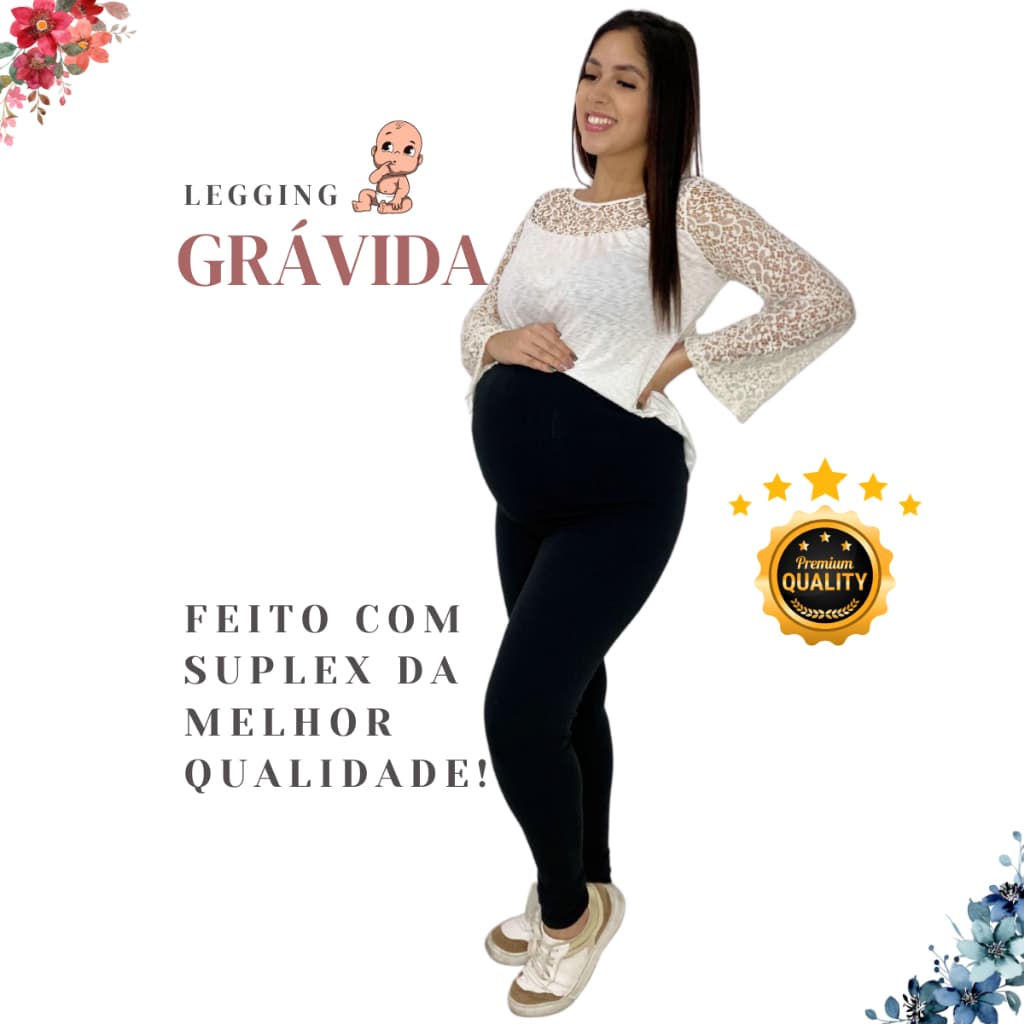 Calça Legging Gestante Maternidade Gravida  Cintura Cós Alta Confortável Gestação Preto Fitness