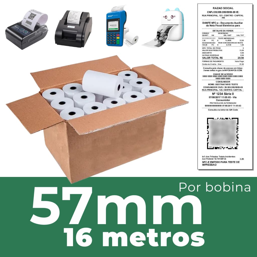Bobina Térmica Para Mini Impressora Térmica e Máquinas de Cartão 57mm 16metros
