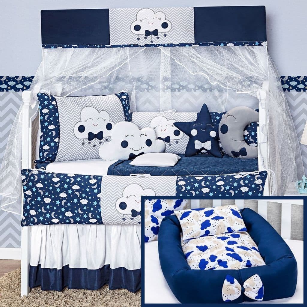 Kit Protetor Berço com Ninho Redutor Bebe Lua Nova Almofadas e Protetores 12 Peças Azul Marinho Estrela
