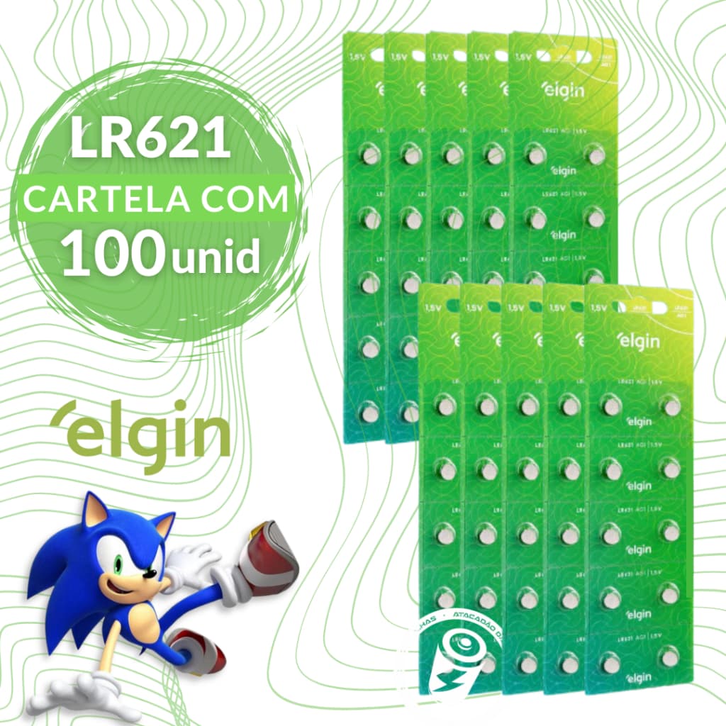 100 Baterias Botão Alcalina Lr621/ag1 Elgin 1,5v 10 Blister