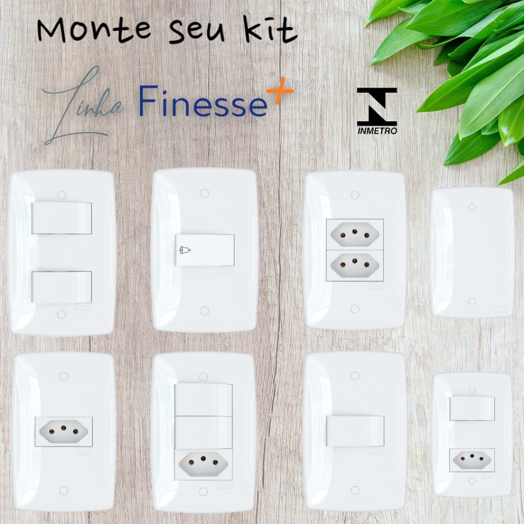 Kit Tomadas 10A 20A Interruptores Simples e Paralelo Placas e Campainha - Linha Finesse+ Blux