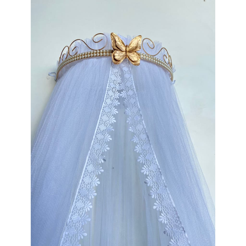 Dossel Luxo com Borboleta Dourado e Mosquiteiro Tule Renda