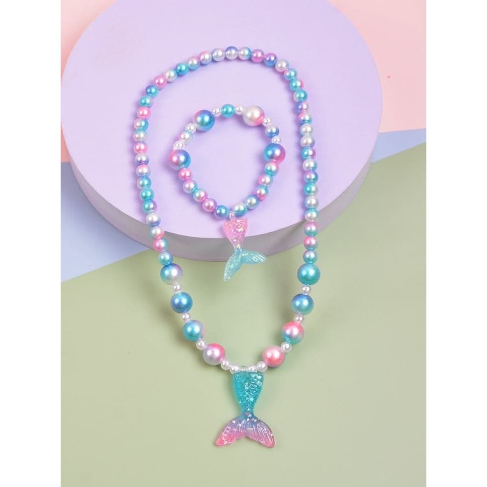 Kit Colar e Pulseira Infantil de Miçanga com Pingente de Sereia unicórnio