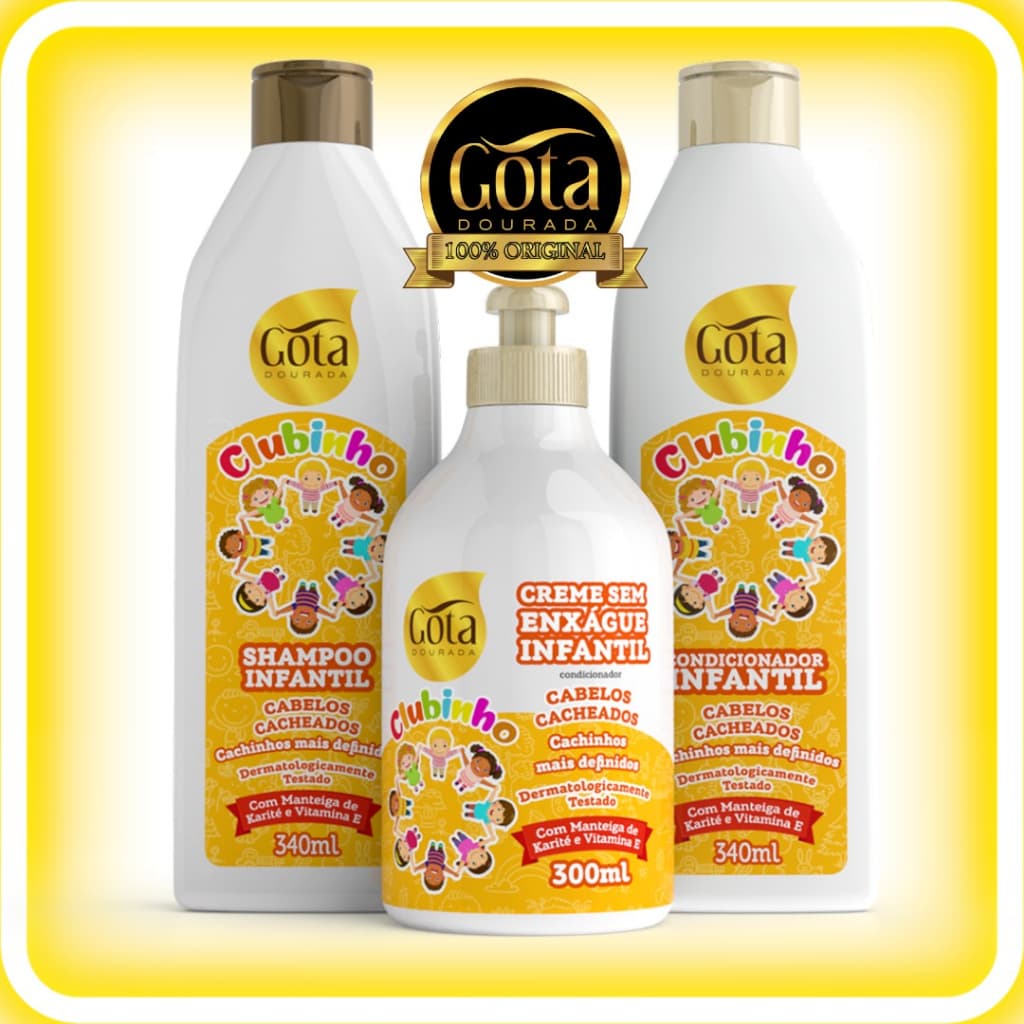 Kit Infantil Gota Dourada Cabelos Cacheados com Shampoo, Condicionador e Creme de Pentear
